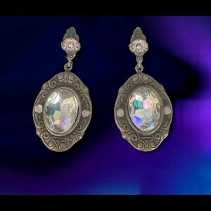 Vtg Banana Bob Art Deco Victorian ab lucite ox gold dangle pierced earrings